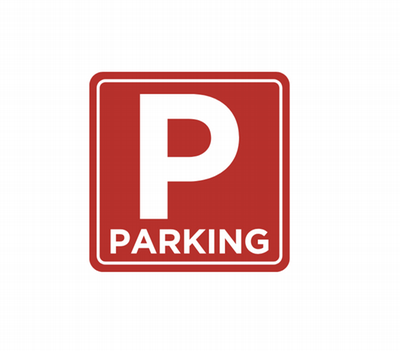 Red curved edge square with "P" and "Parking" written below