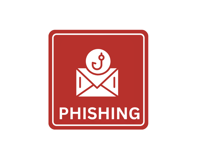 Red curved edge square with email and hook icon and "Phishing" written below
