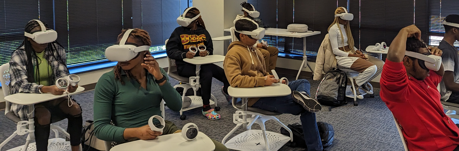 Banner with students using VR headsets 