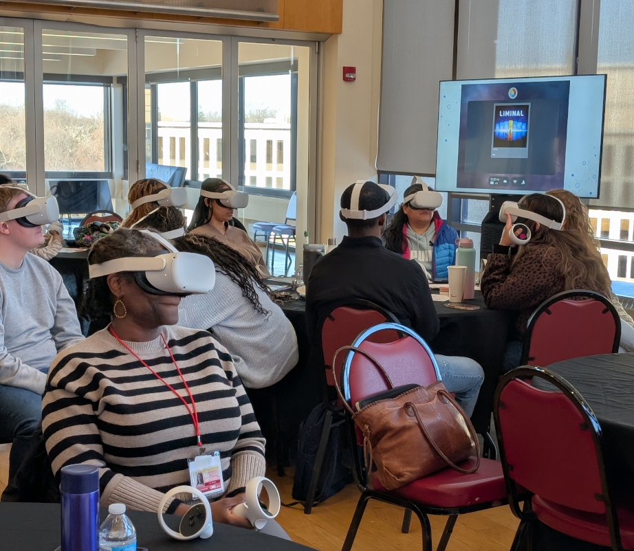 2 students in virtual reality headsets in the classroom