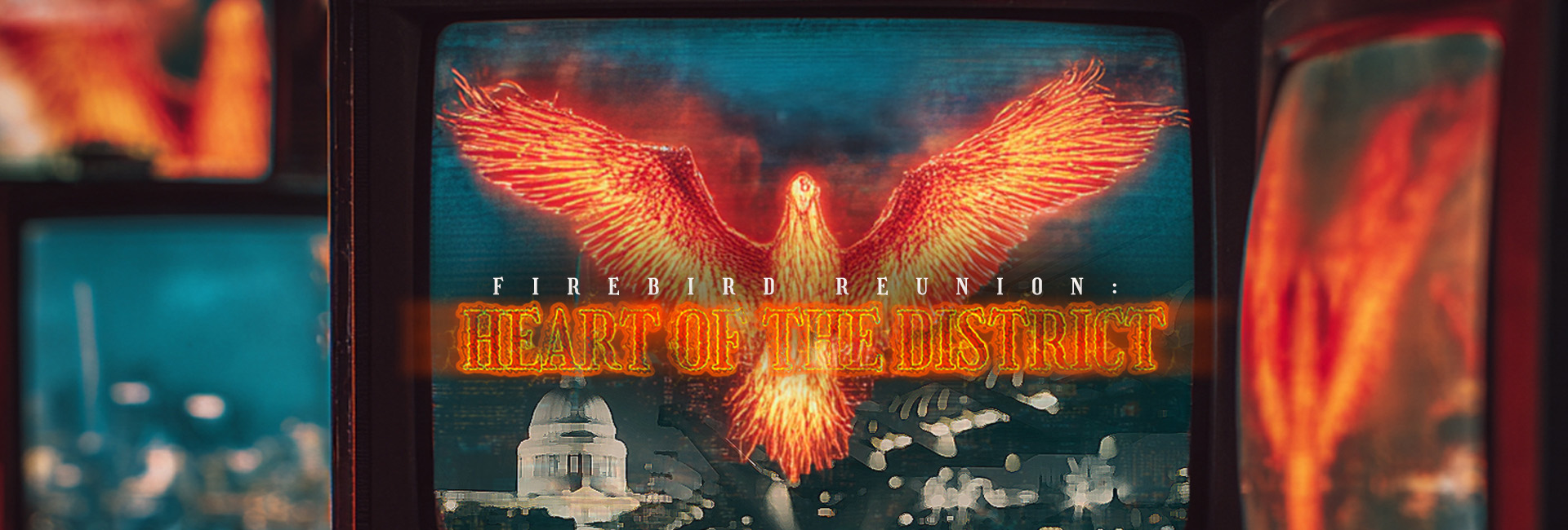 A giant firebird on an old tv screen above Washington, DC