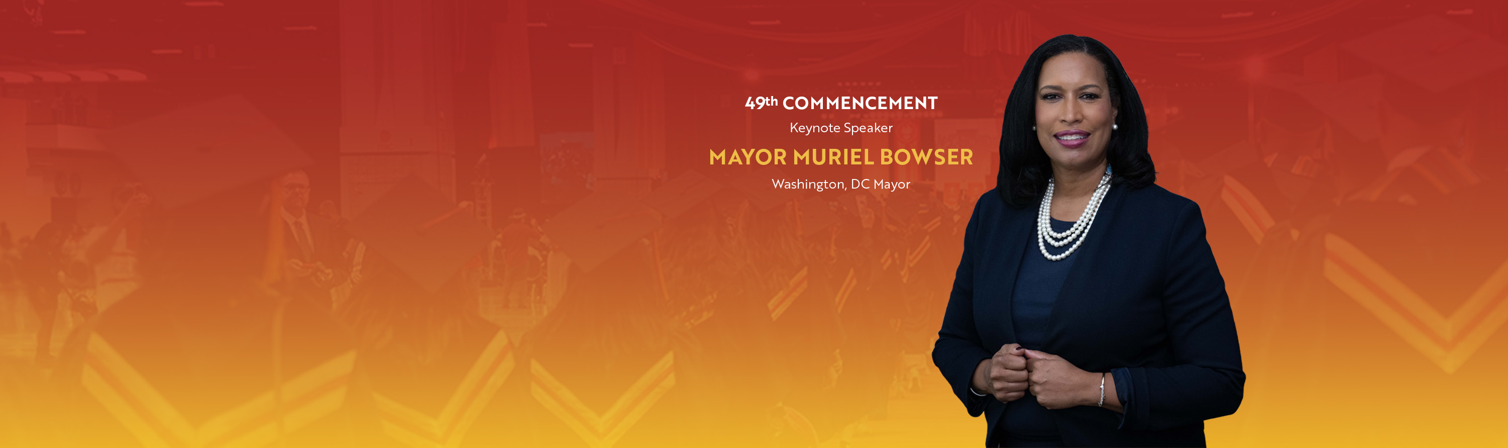 gradient in red and yellow with a picture of Mayor Muriel Bowser