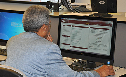 Man sitting with his back to the camera viewing a website on a desktop computer