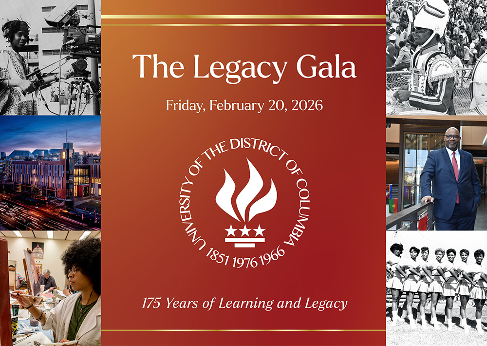 The Legacy Gala graphic in red with archival photos from the university's history