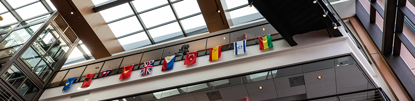 student hall hanging with flags from different countries