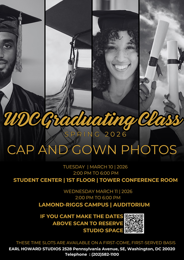 Graduation event flyer for the UDC Graduating Class of 2026, featuring details for cap and gown photo sessions.